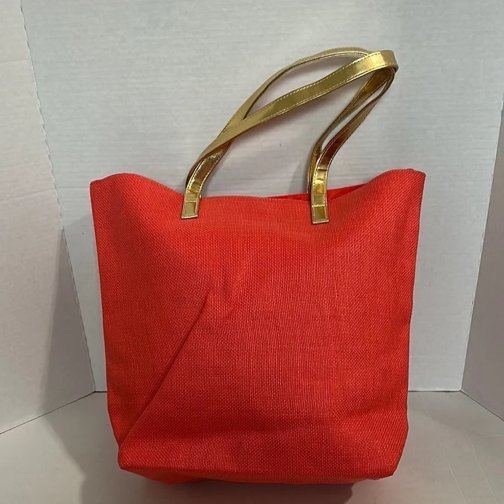 Tommy Bahama Shoulder Bag To Go Tote Gold Strap Inside Pocket & Lined- Orange